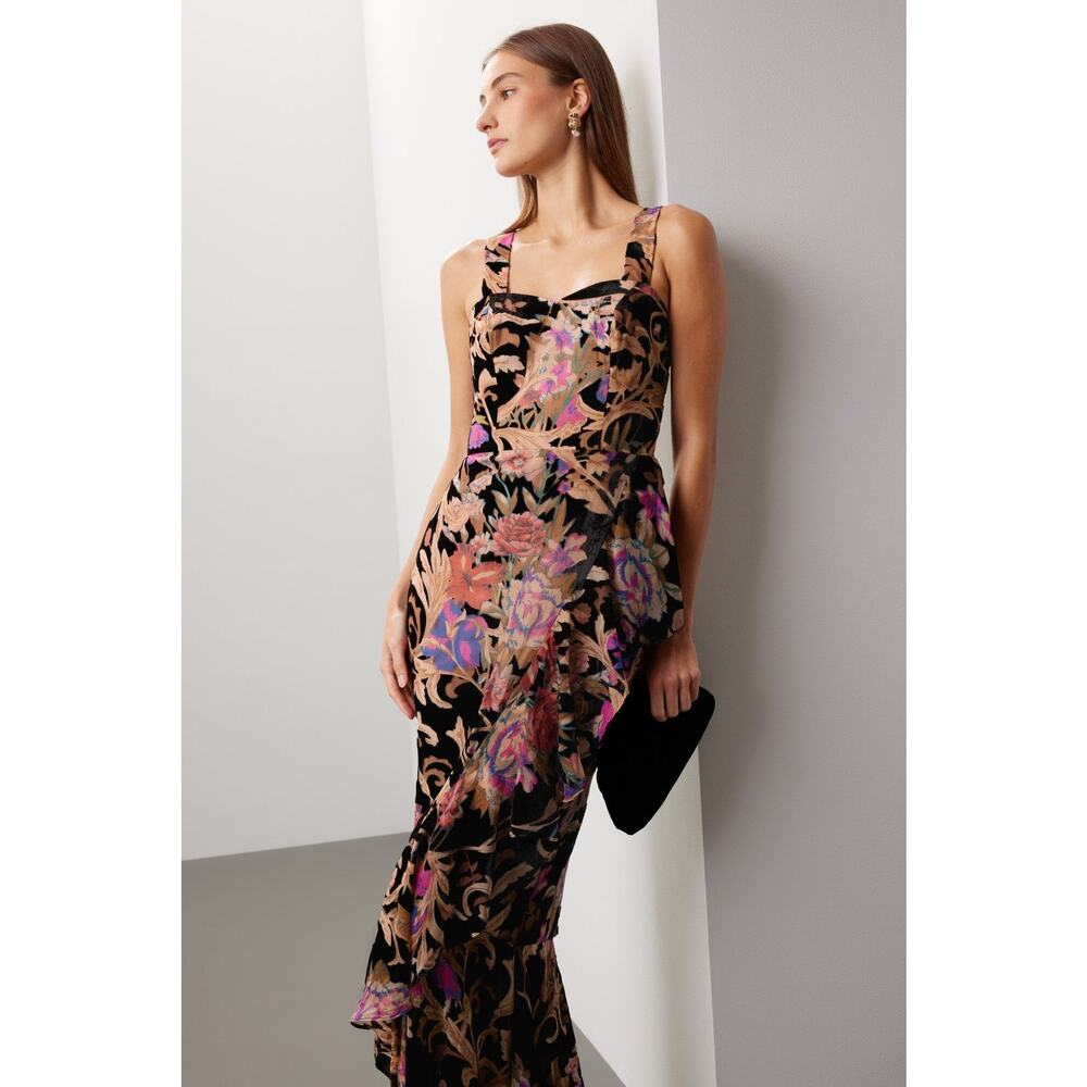 Dress the Population Black Floral Velvet Midi Dress with Pink and Gold Accents - Picture 2 of 16